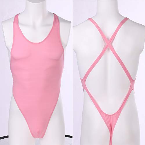 Men’s Sheer Bodysuit Cross Backless Sexy Thong Leotard One Piece Medium Pink