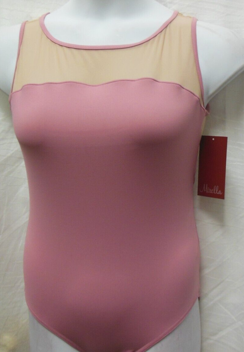 Mirella M3085 Deep Tea Rose pink XLA embroidered sheer panel leotard hook back