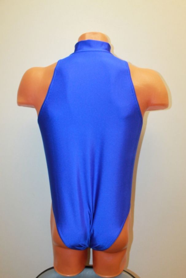 Men Thong Leotard 154-58 High Collar Hole Crotch Royal Blue Spandex Size XL