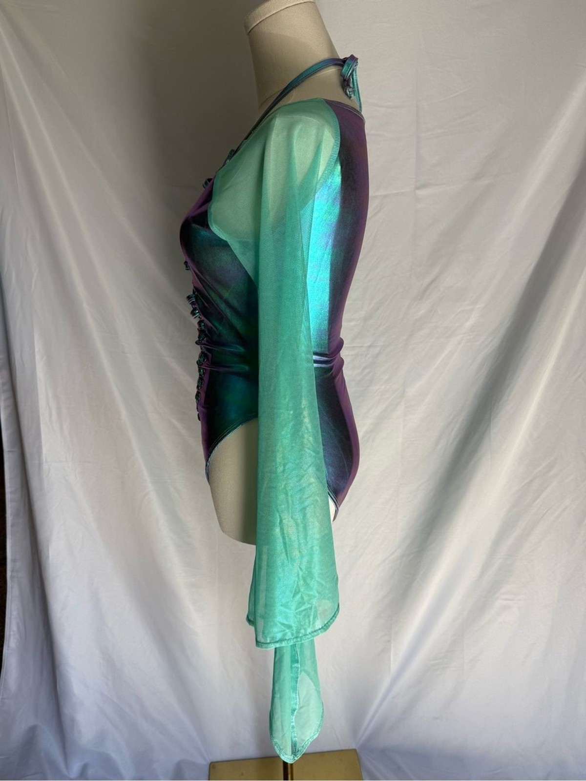 J. Valentine Metallic Iridescent Lace Up Rave Bodysuit Turquoise Green L/XL