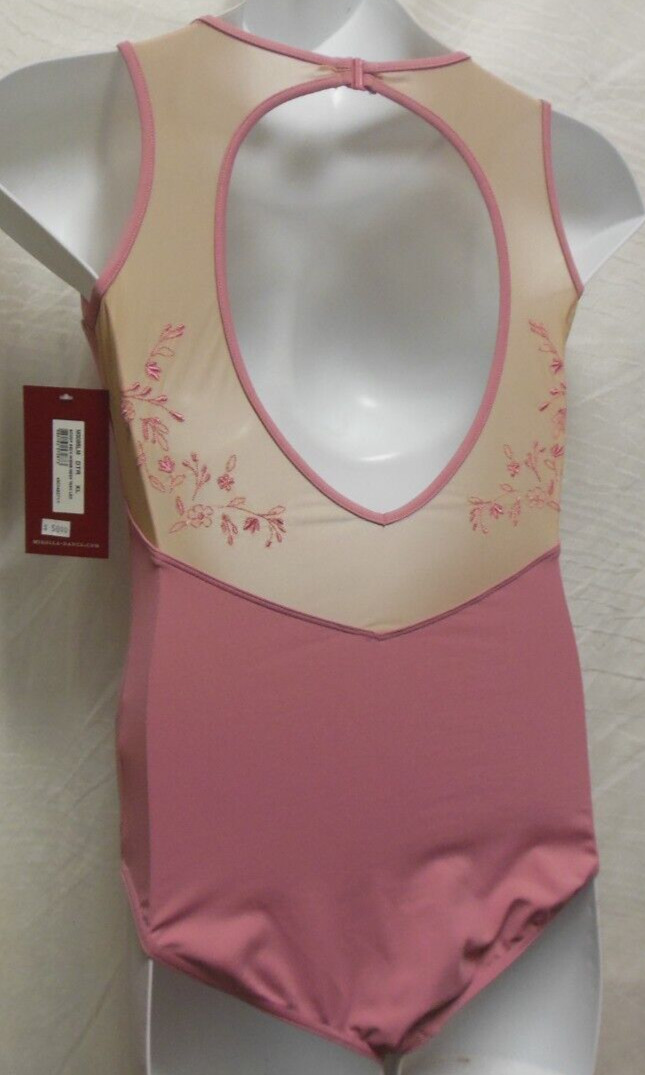 Mirella M3085 Deep Tea Rose pink XLA embroidered sheer panel leotard hook back