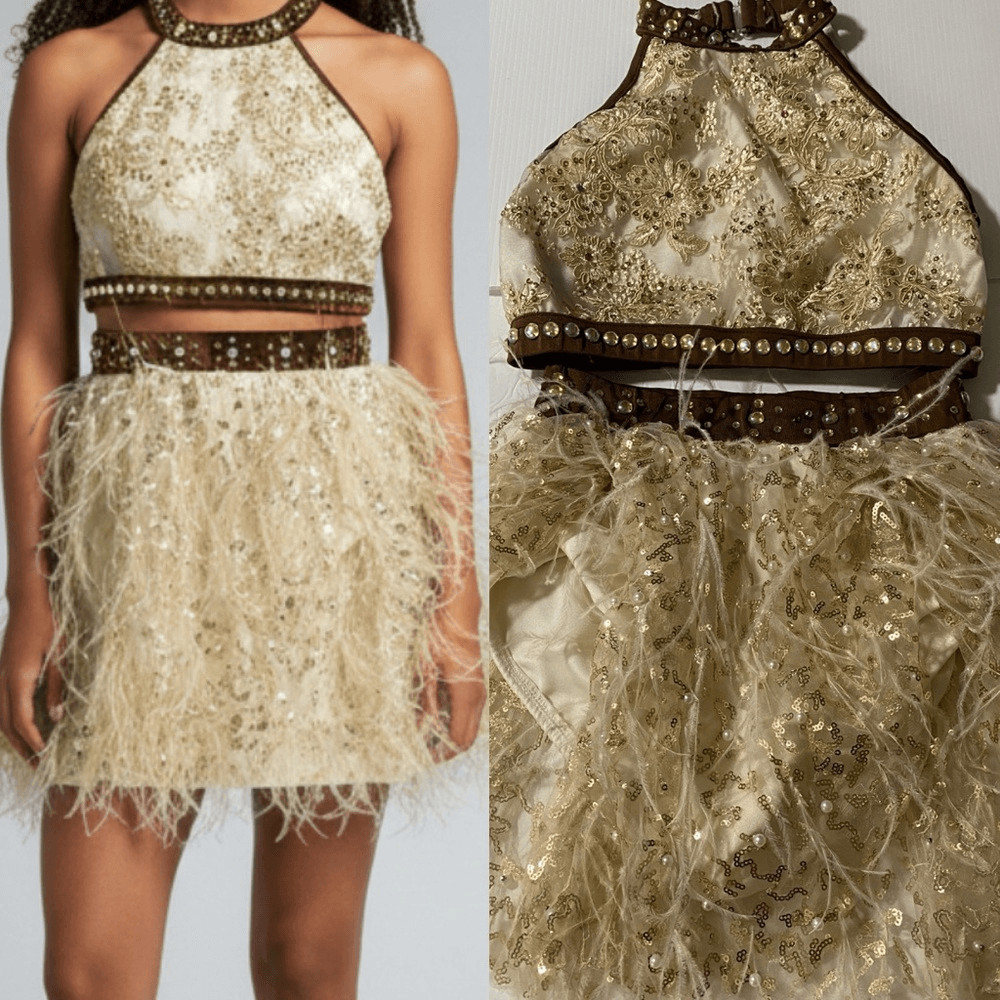 Glamour solo dance costume 2 piece cream tan feather embellished SA adult