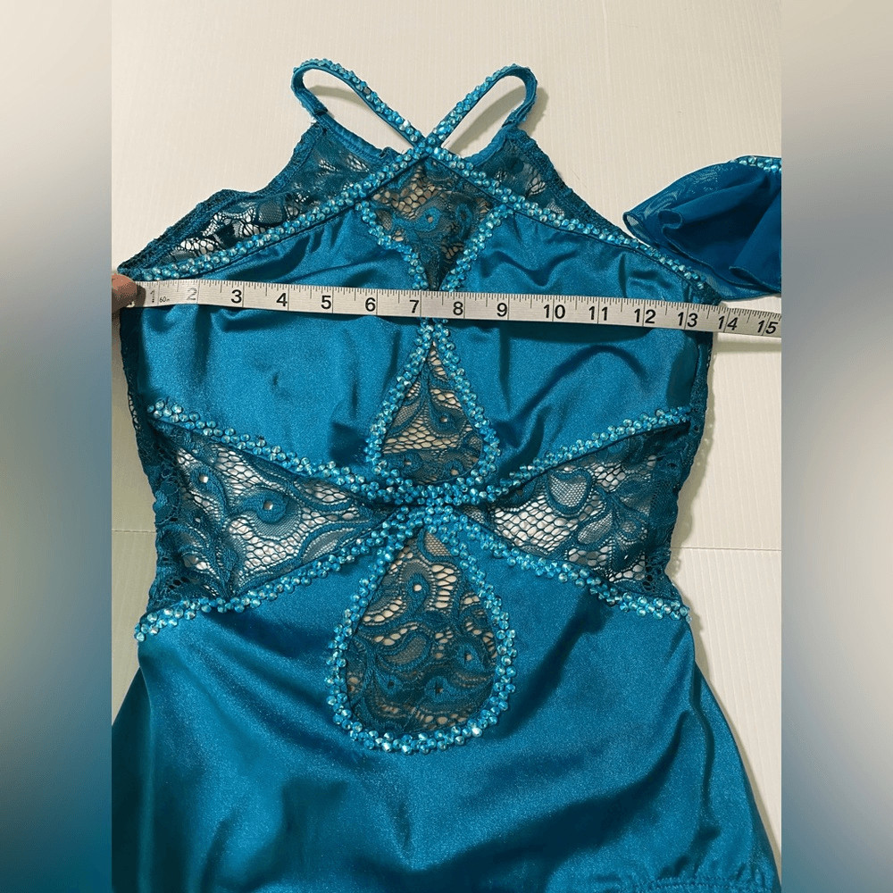 Custom solo Dance Costume teal aqua blue rhinestone Leotard SA-Small adult