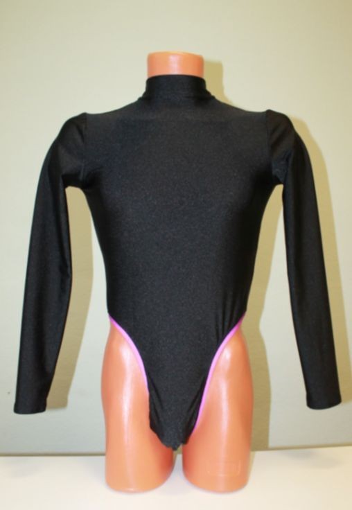 Men Thong Leotard 159-05 Long Sleeve High Collar Open Back Black Spandex Size S