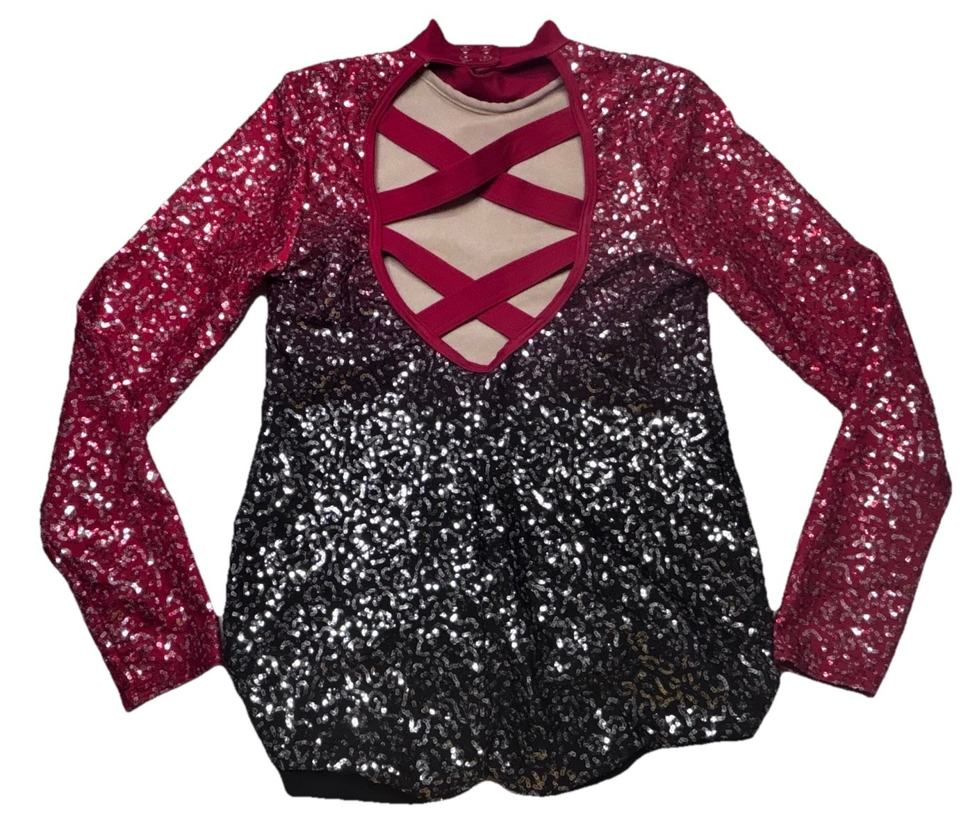 Weissman Sequin Performance Leotard Ombre Red Black Open Back Long Sleeve XLC