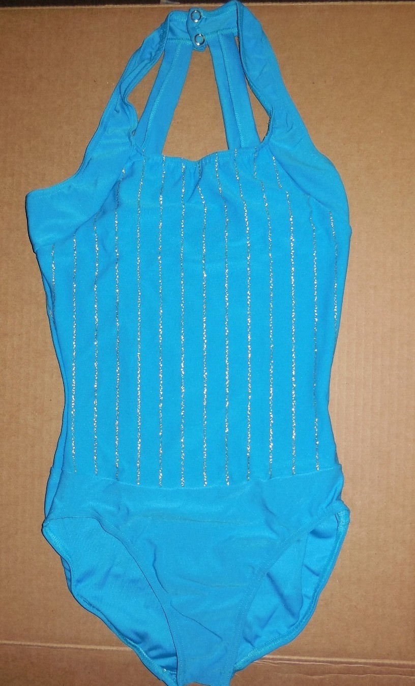 Turquoise HALTER LEOTARD SILVER GLITTER STRIPED Adult SIZES DANCE COSTUME BATON