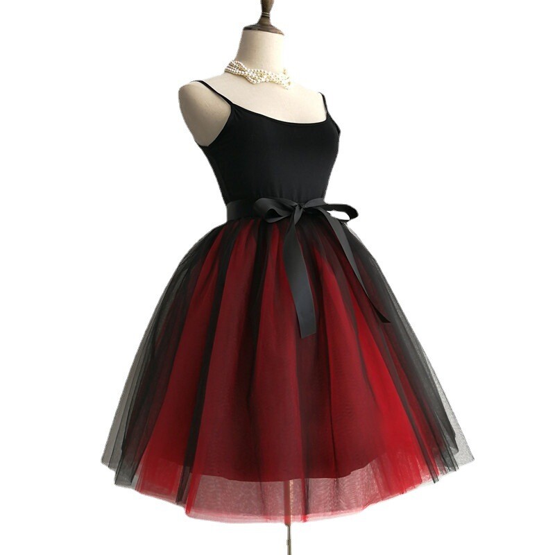 Women Dance Skirt Tutu Pleated Mesh Tulle Midi Knee Length 7 Layers Party