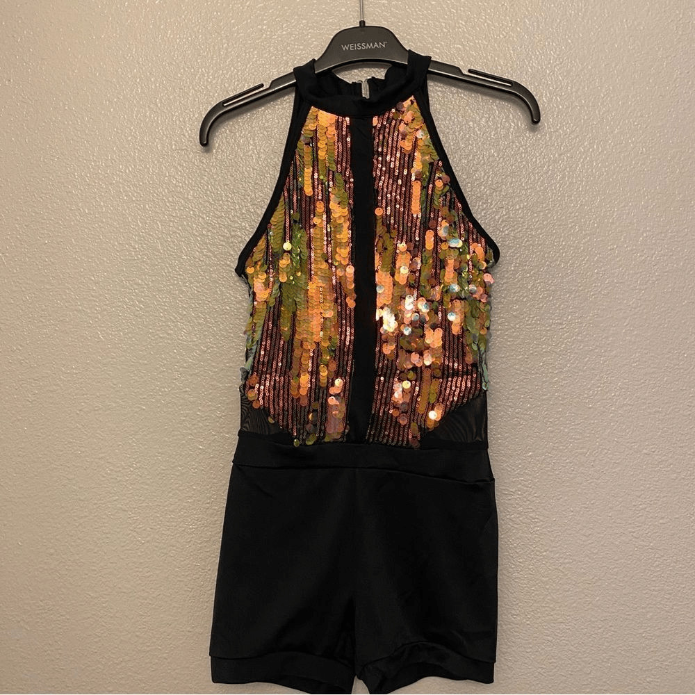 WEISSMAN Dance costume jazz black mesh gold sequin We Will Rock You 14757 SA
