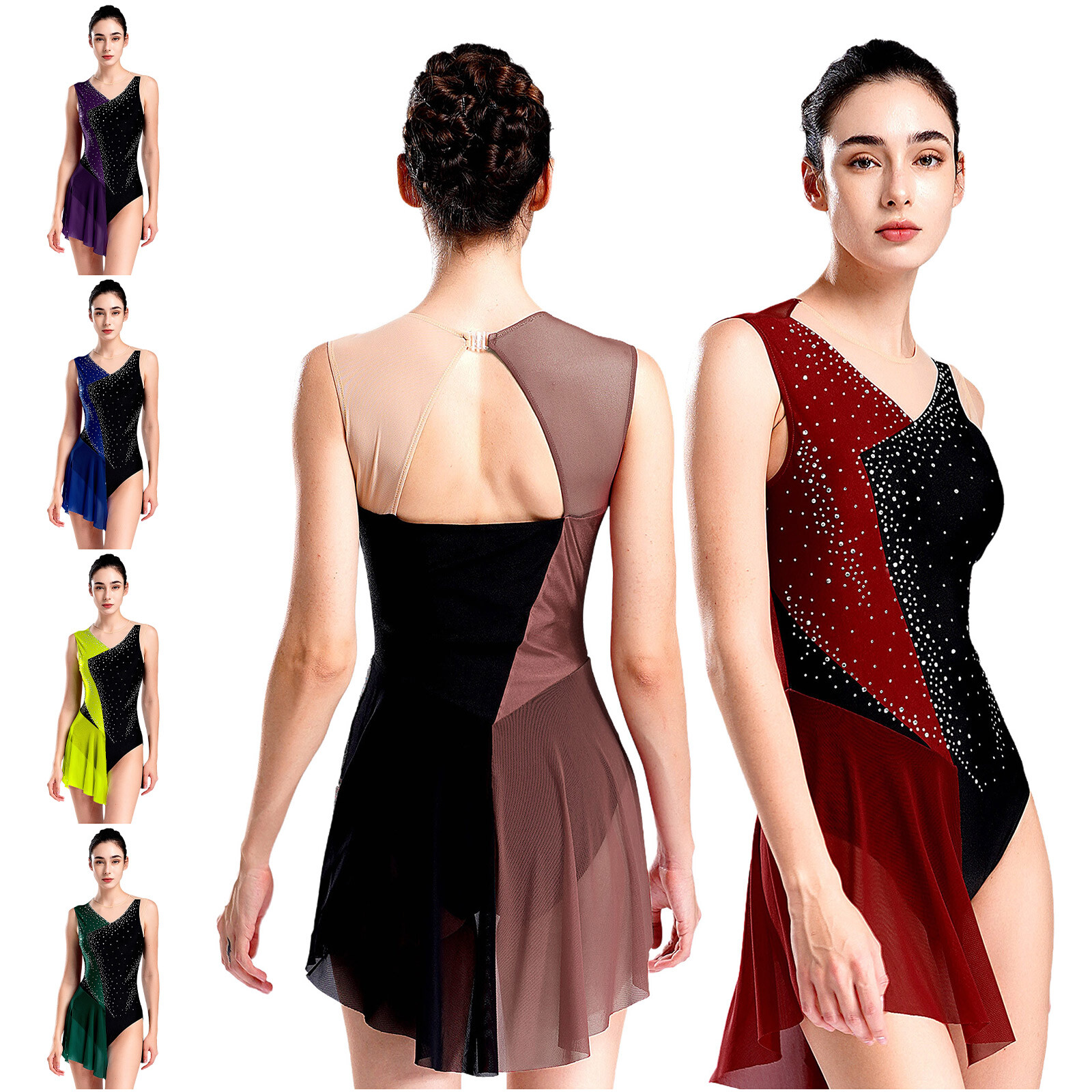 Womens Dress Figure Dancwear Asymmetrical Costume Outfit Rhinestone Competition