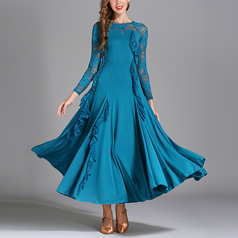 Women Long Sleeve Swing Dance Dress Modern Waltz Professional Ballroom Dancewear