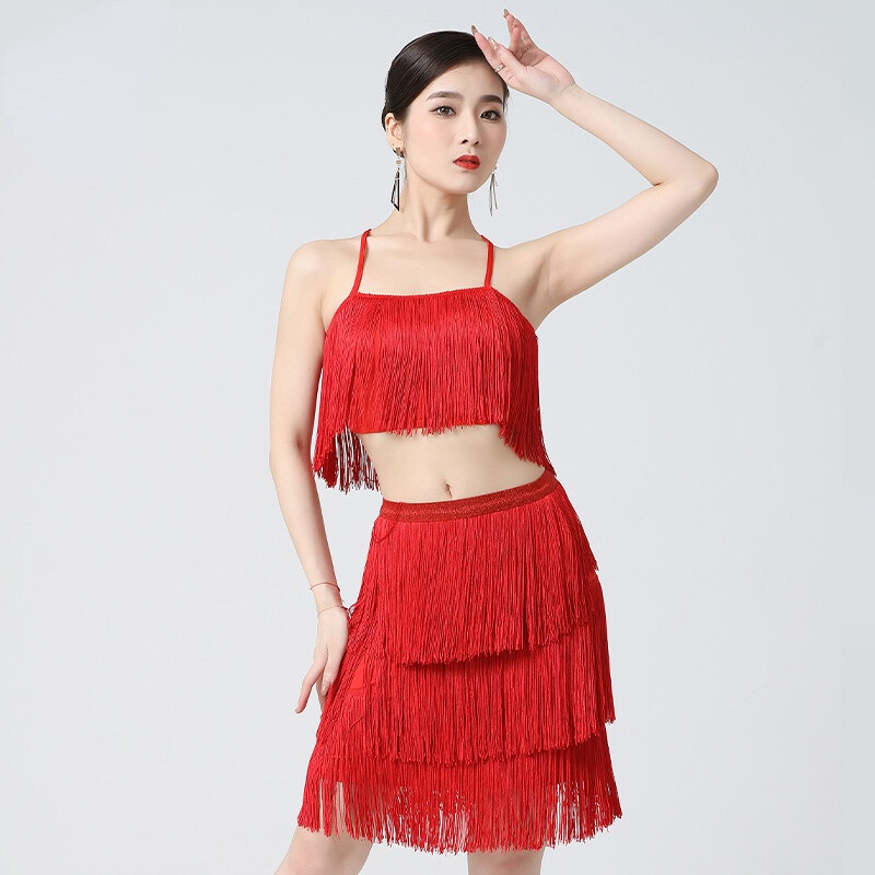 Women Tassel Dance Top Skirt Ballroom Dancewear Tango Salsa Rumba Costume