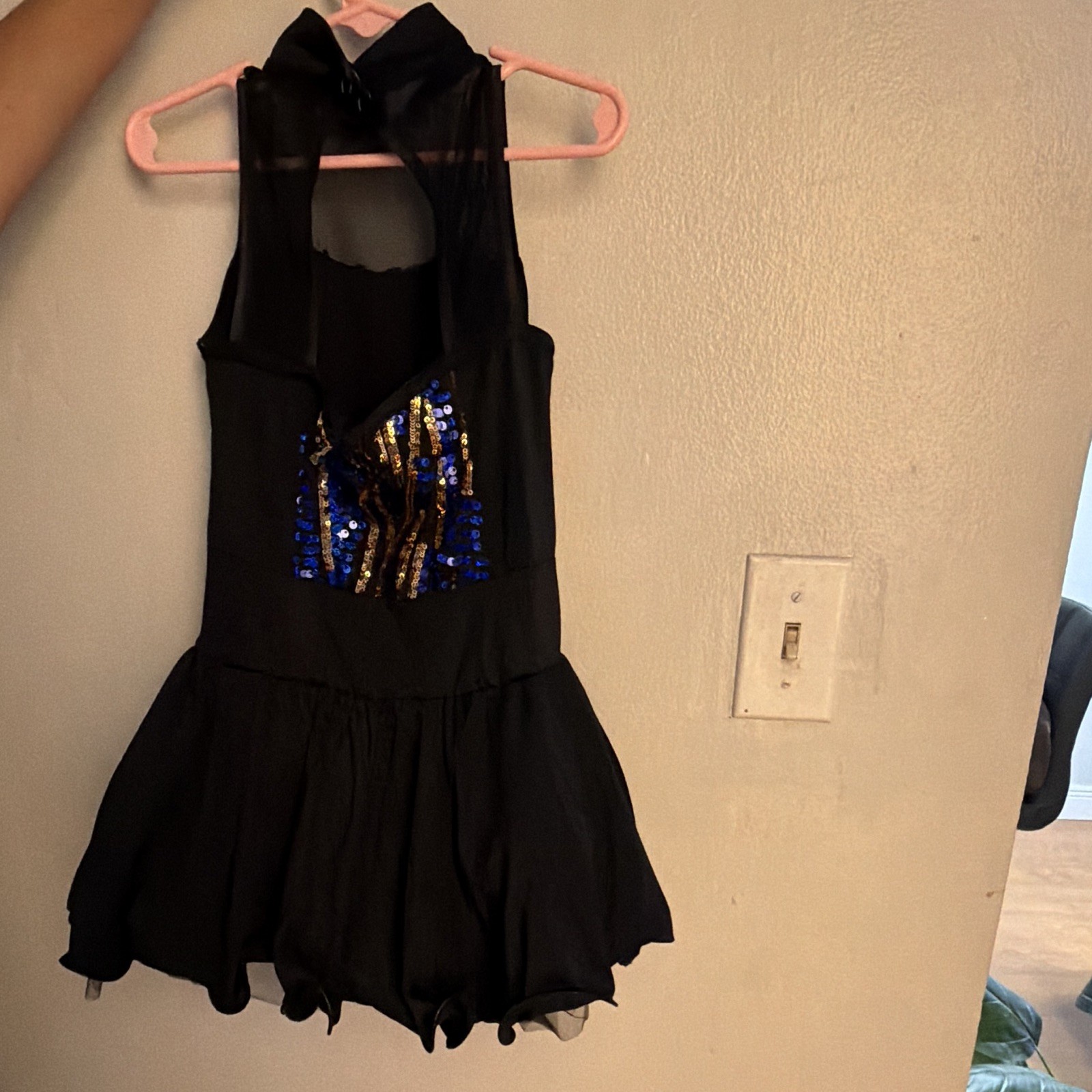Weissman Women’s Black Dance Leotard LC Attached Skirt Blue Gold Sequin