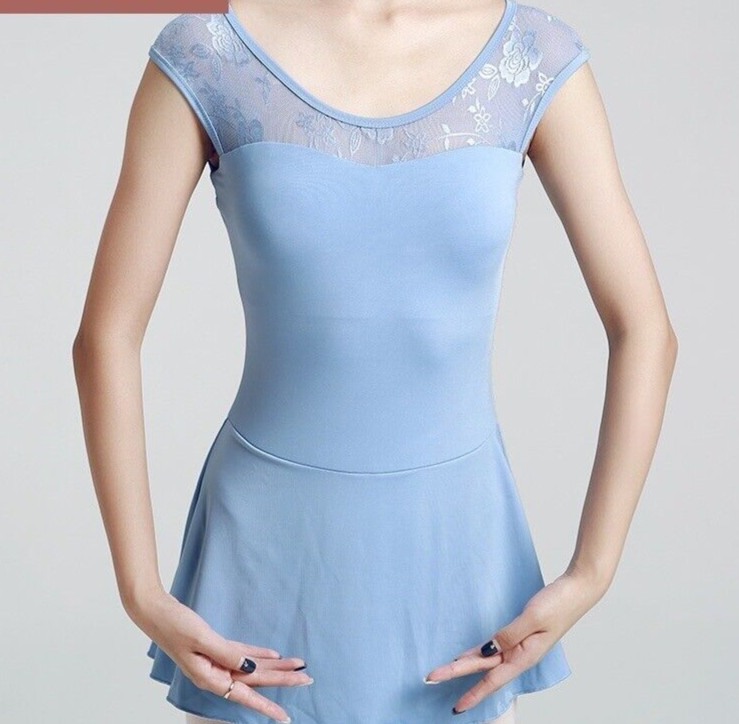NEW Show Dreams Dress Cap Sleeve leotard Floral Lace Adult Blue Size M