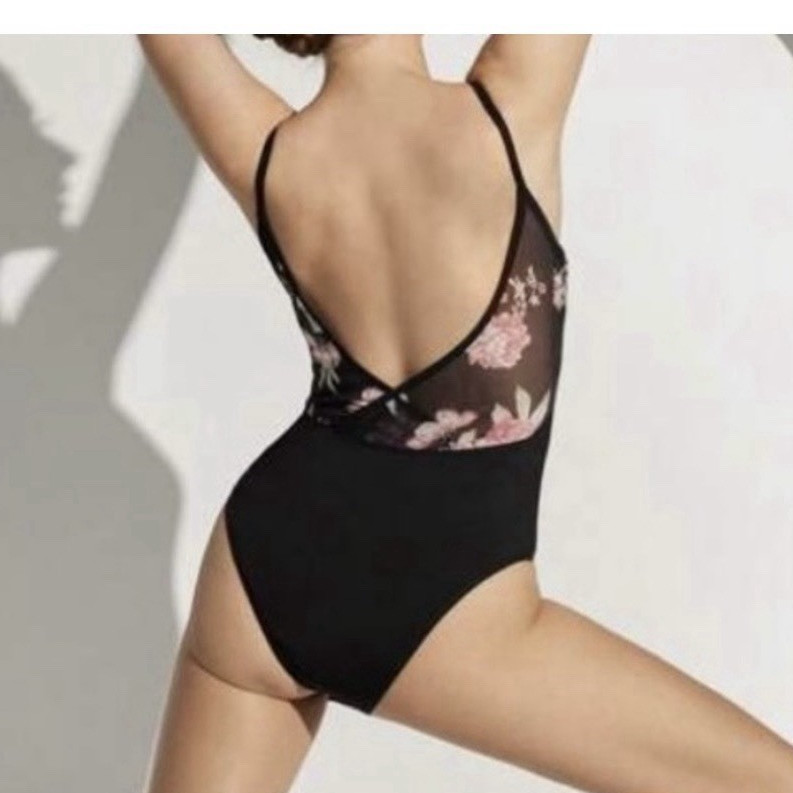 Women’s Black Floral Leotard Bodysuit One-Piece Spaghetti Straps-Small