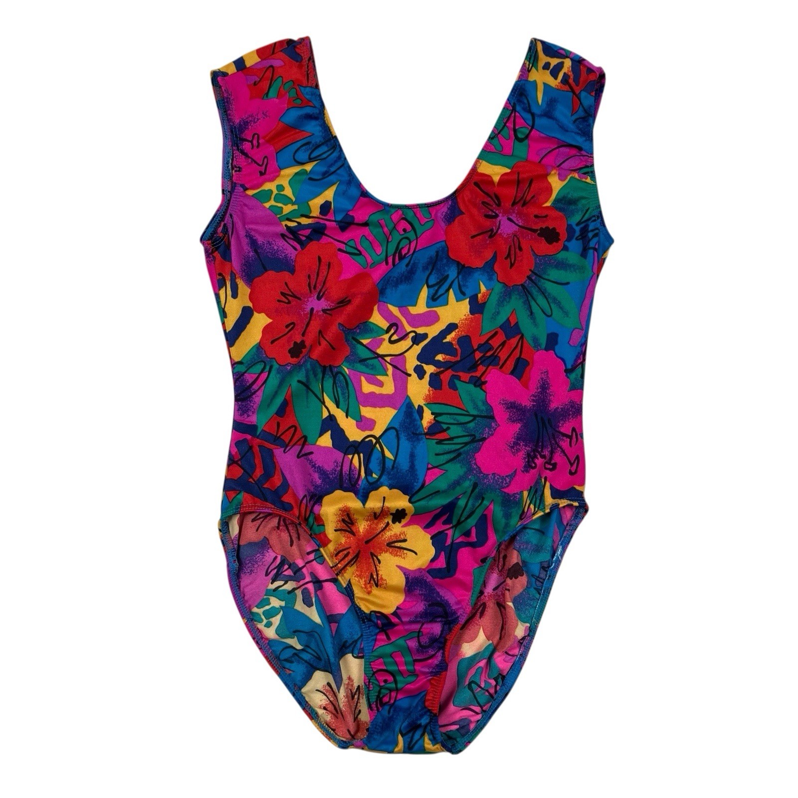 VTG 80s Stevi Brooks Colorful Floral One Piece Bodysuit Dance Leotard Size M