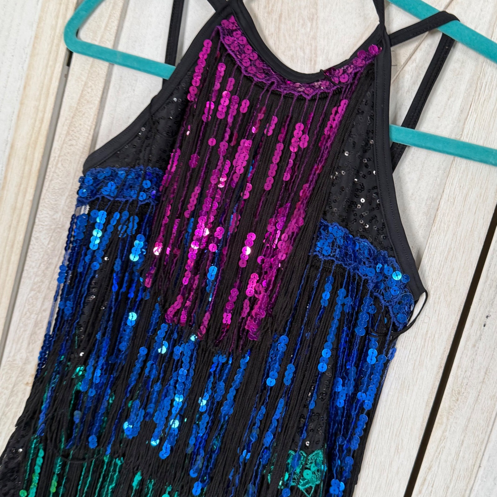 Weissman Sequin Fringe Dance Leotard Costume Multi Color Pink Blue Teal 10926 SA