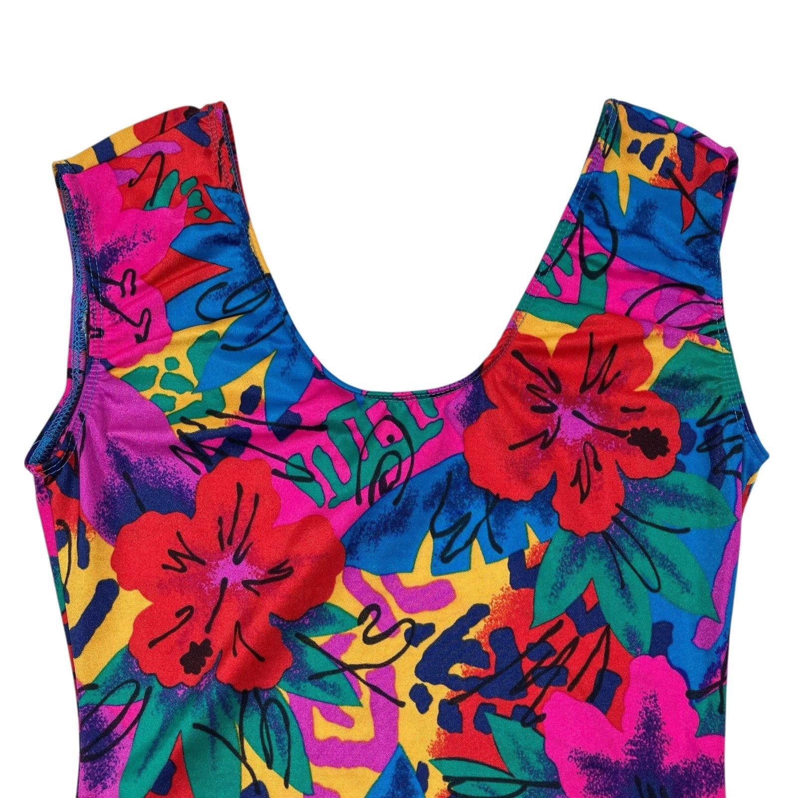 VTG 80s Stevi Brooks Colorful Floral One Piece Bodysuit Dance Leotard Size M