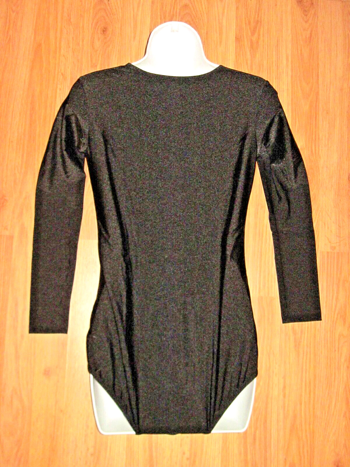 Plus Size Shiny Black Spandex Long Sleeve Snap Crotch Crew Neck Leotard 2XL New