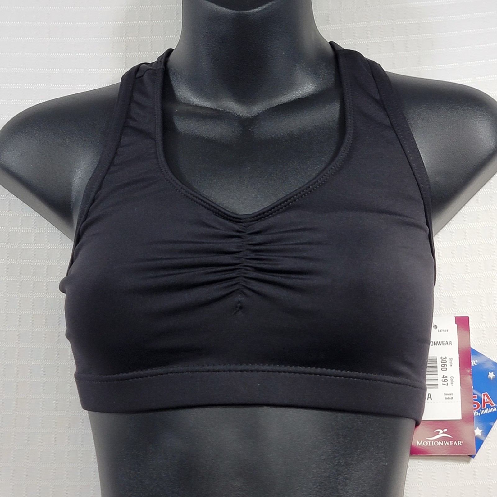 Motionwear Black Athletic Top Dance Ruched Front V-neckline Strappy Back SZ SA