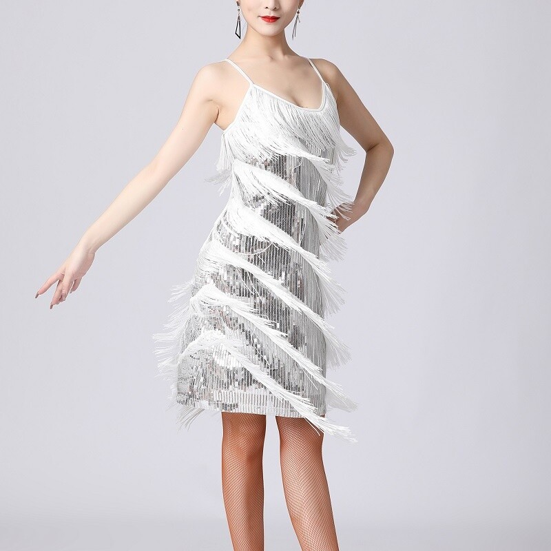 Women Latin Dance Slip Dress Sequins Tassel Dancewear Ballroom Tango Salsa