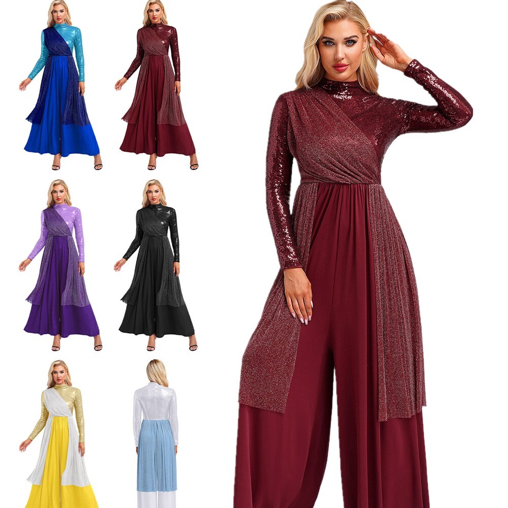 Women Jumpsuit Long Sleeve Bodysuit Shimmery Praise Dance Ballroom Praisewear