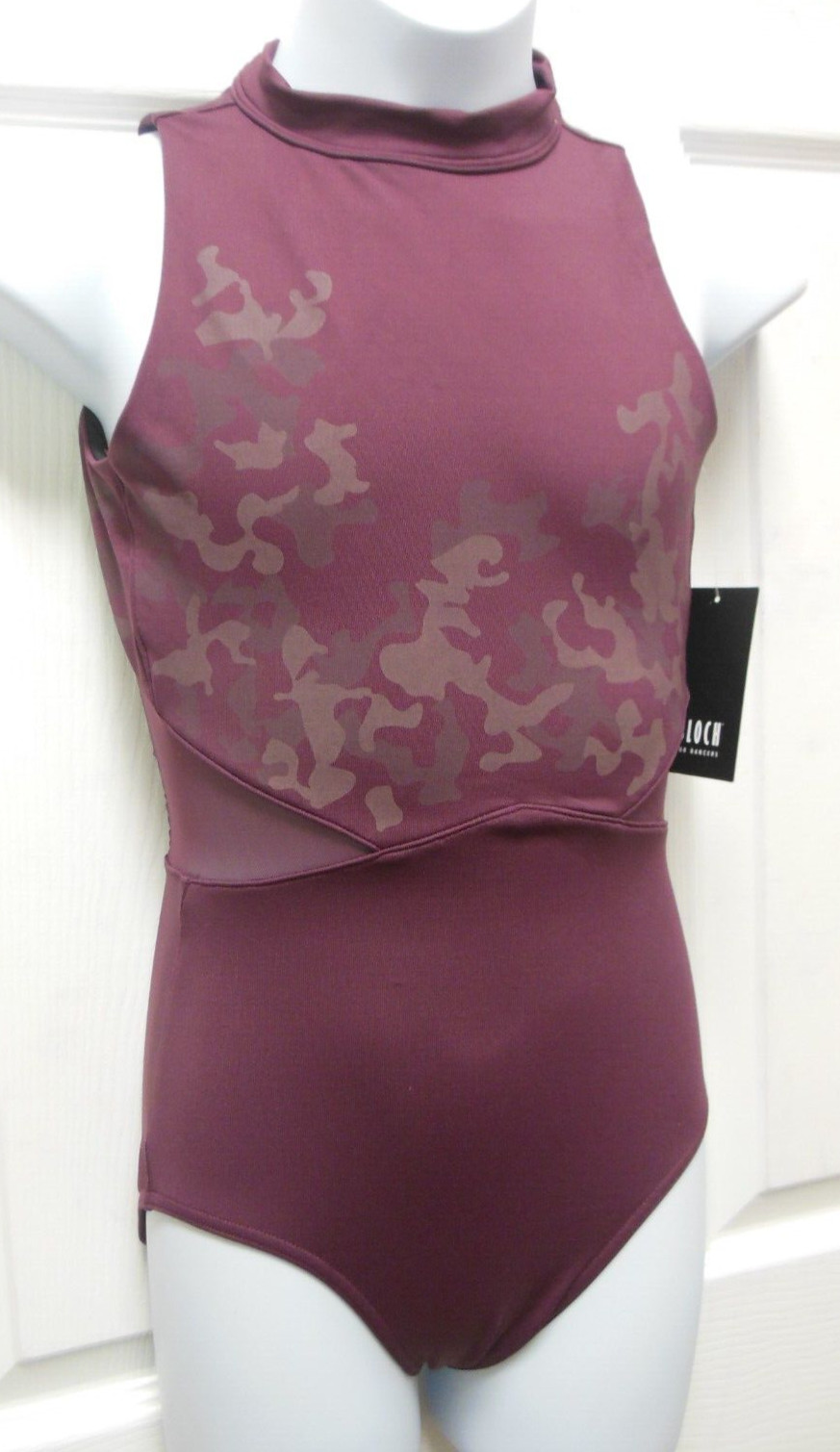 Bloch L4335 Open Mesh Turtleneck leotard Wine Camo Print Ladies Petite