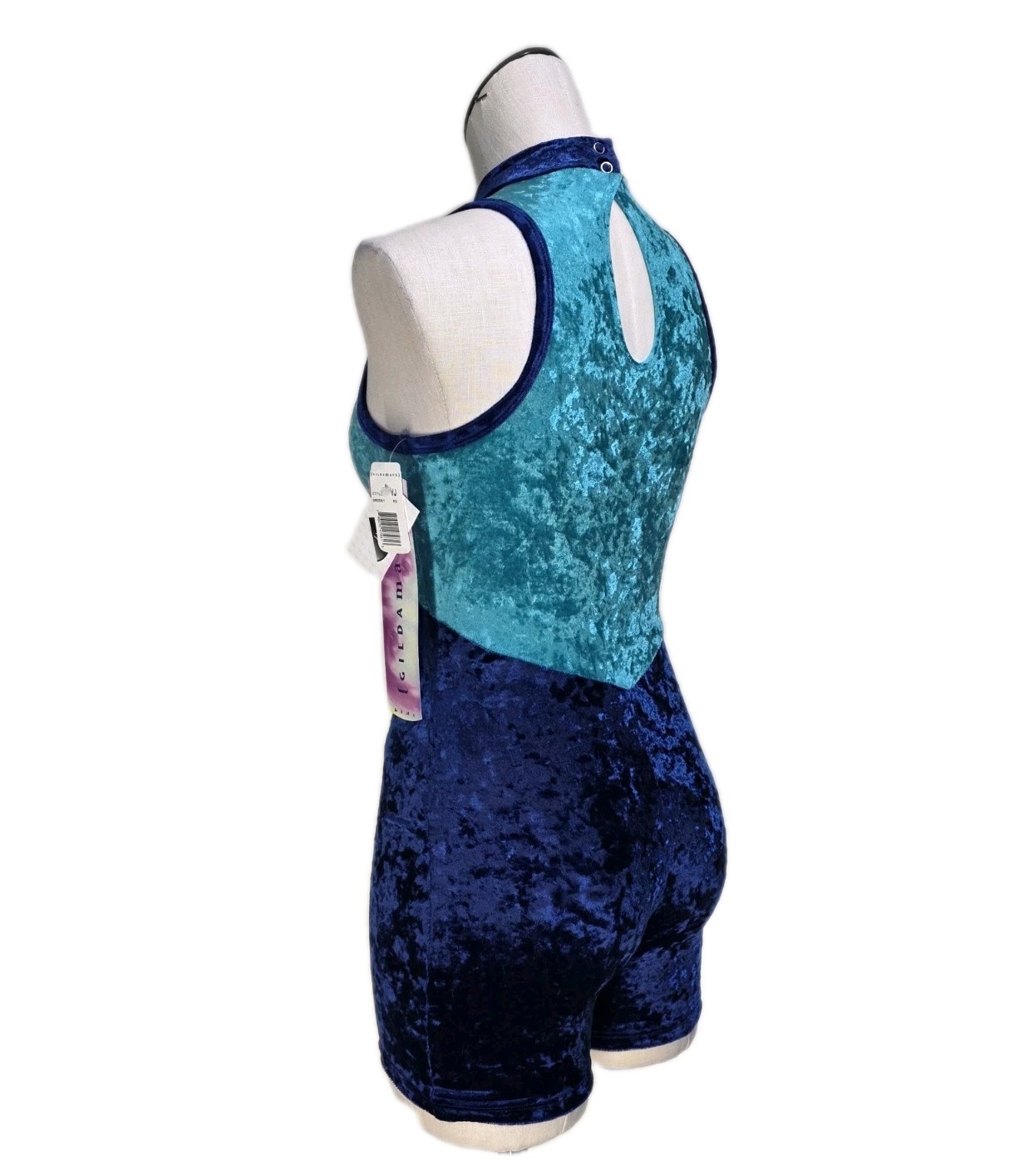 Gilda Marx VTG 90s High Neck Velvet Keyhole Biketard Unitard Teal Blue XS (Y/J)