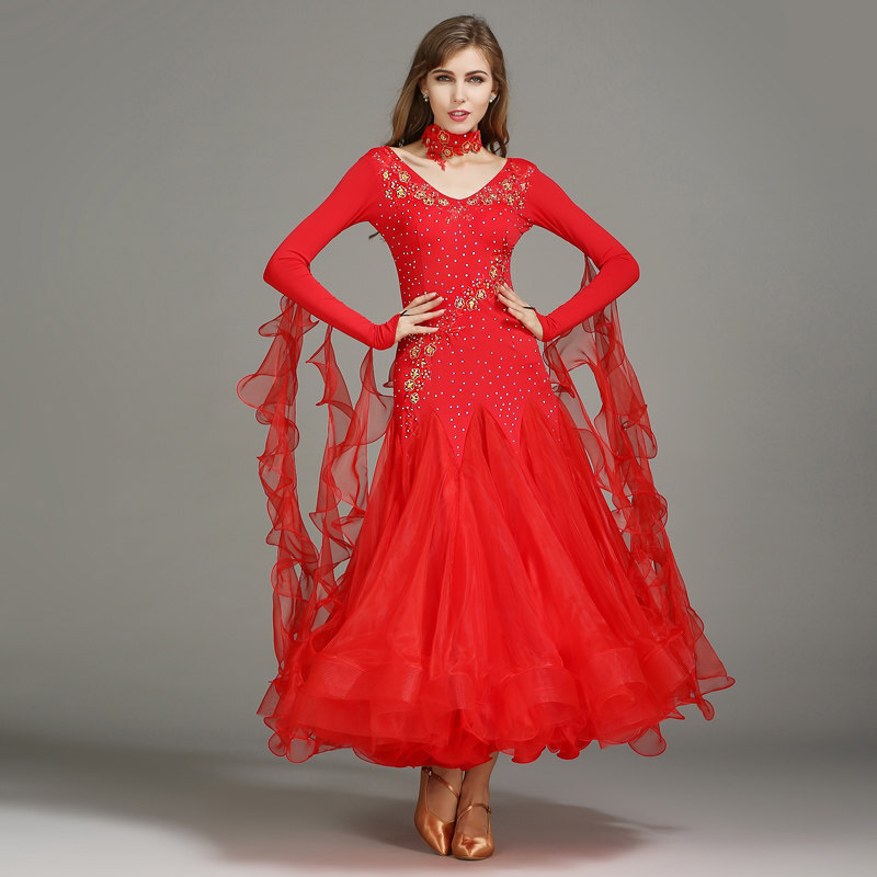 Women Embroidery Ruffle Swing Dance Dress Waltz Modern Ballroom Dancewear Party