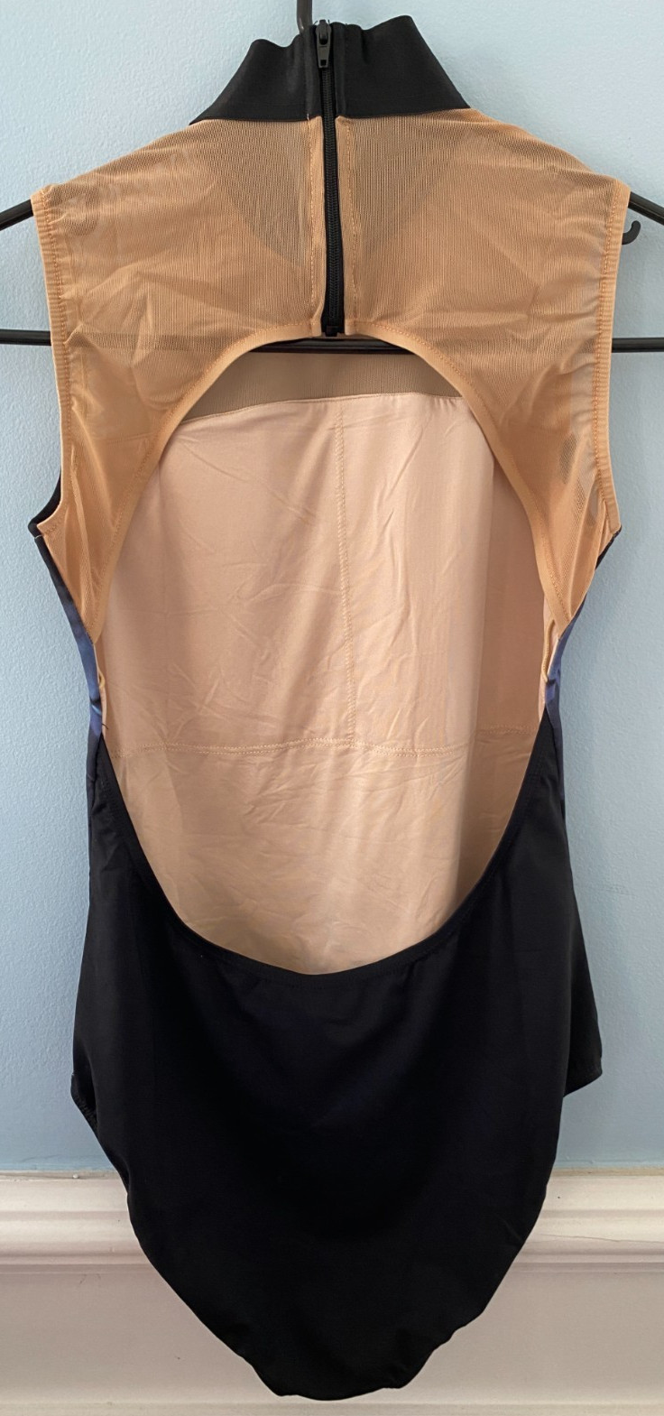 Ballet Dance Leotard – Mesh & Feather Print, High Collar, Open Back Adult M L XL