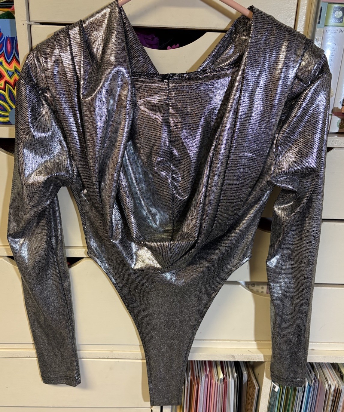 Unbranded Body Suit Small Silver/Black L/S Cowl Neck Hooded Rave/EDC/Dance