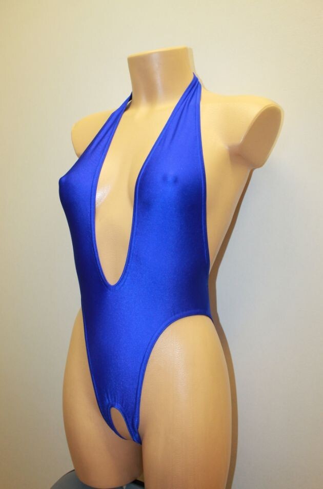 Women Thong Leotard 203-56 Open Back Hole Crotch Royal Blue Spandex Size S