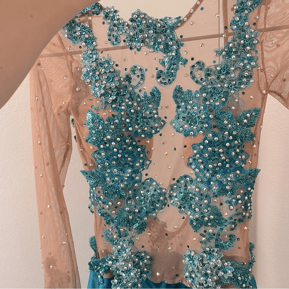 Custom solo dance costume leotard dress lyrical teal rhinestone embellished XSA