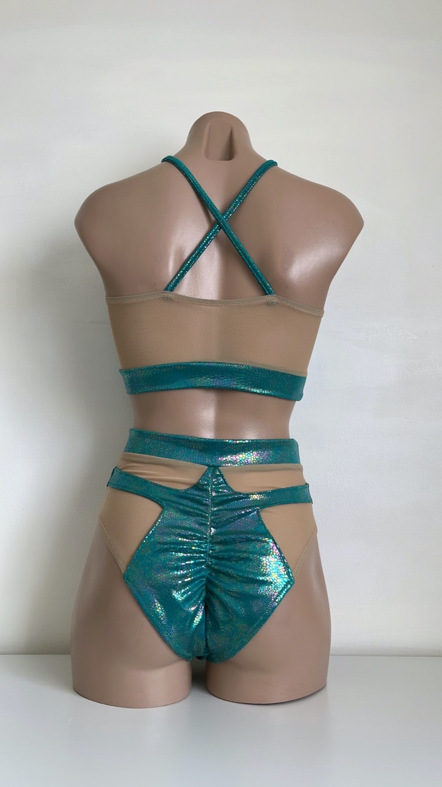 Schminke 🦎 Hybrid dance wear pole-wear nude mesh teal hologram reptile bodysuit