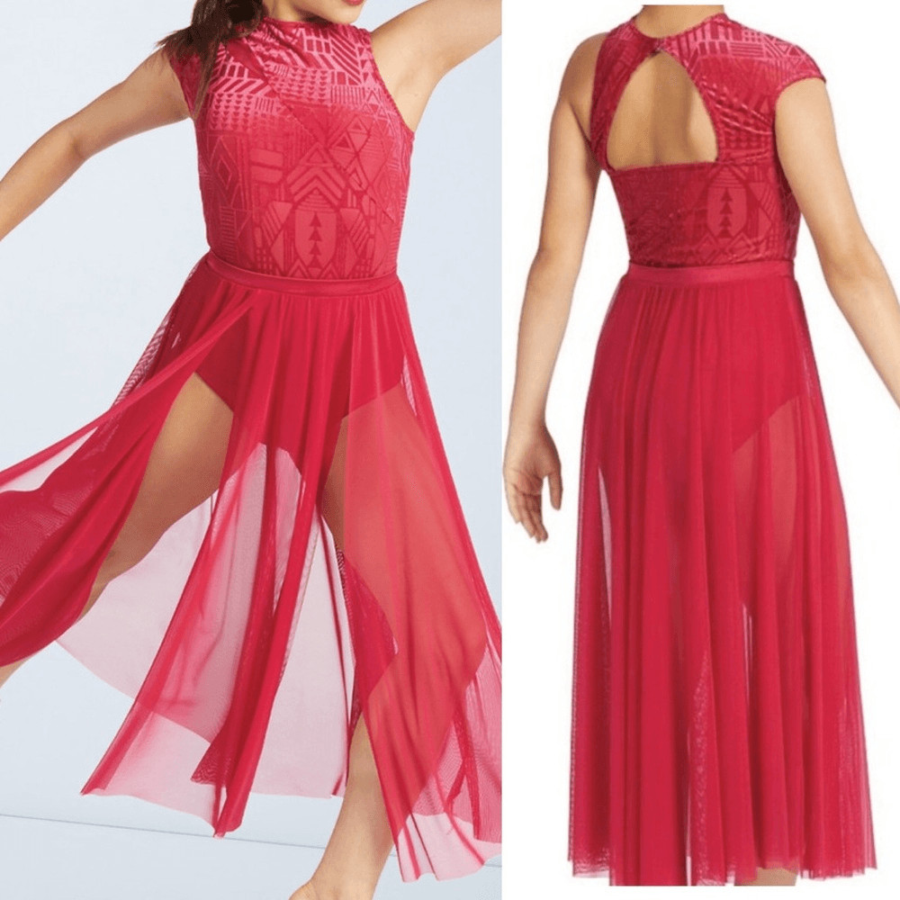 Weissman Dance costume red maxi mesh flocked dress More 12261 Adult XLA
