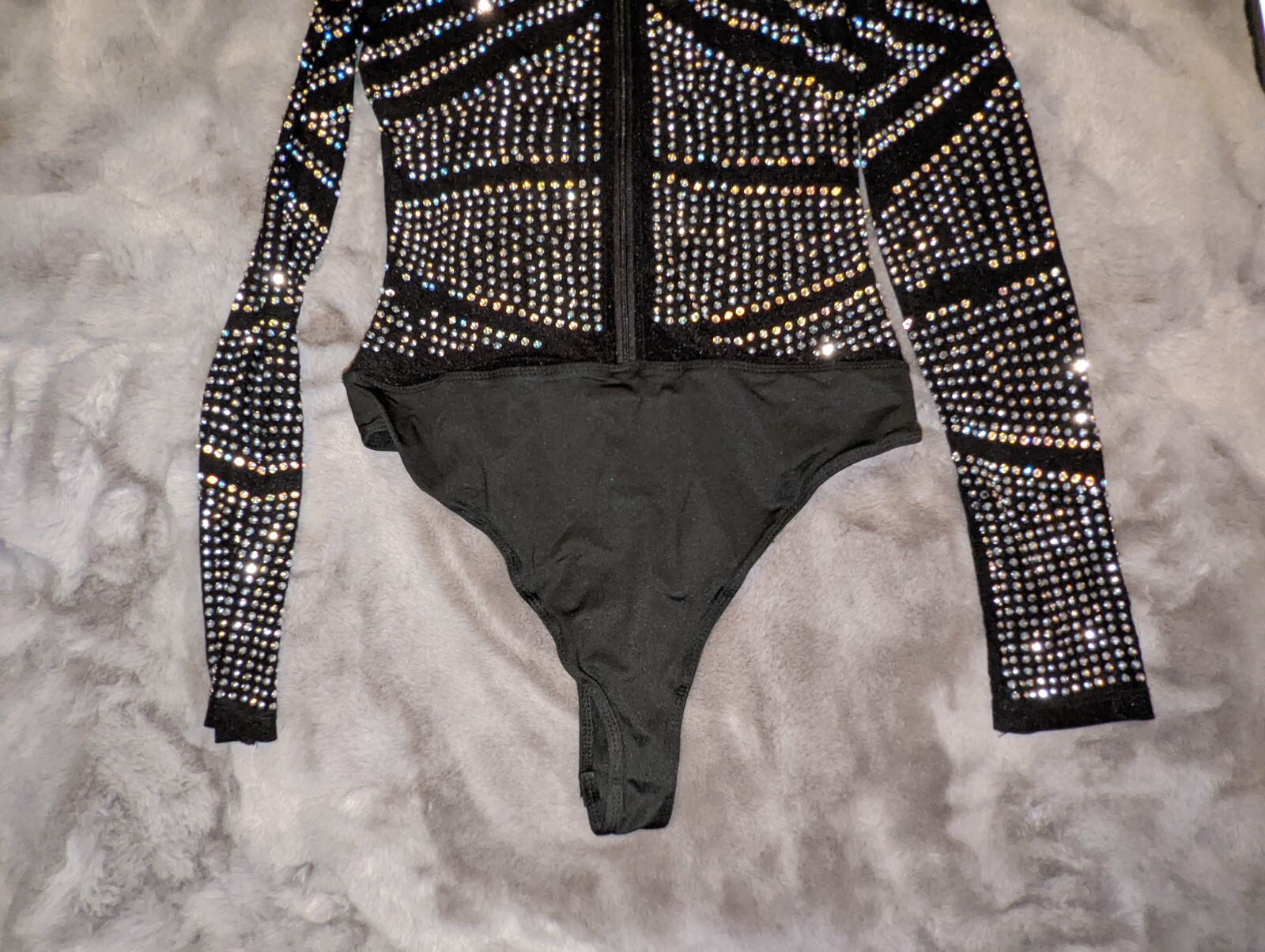 Long Sleeved Black Leotard Body Suit With Rhinestones