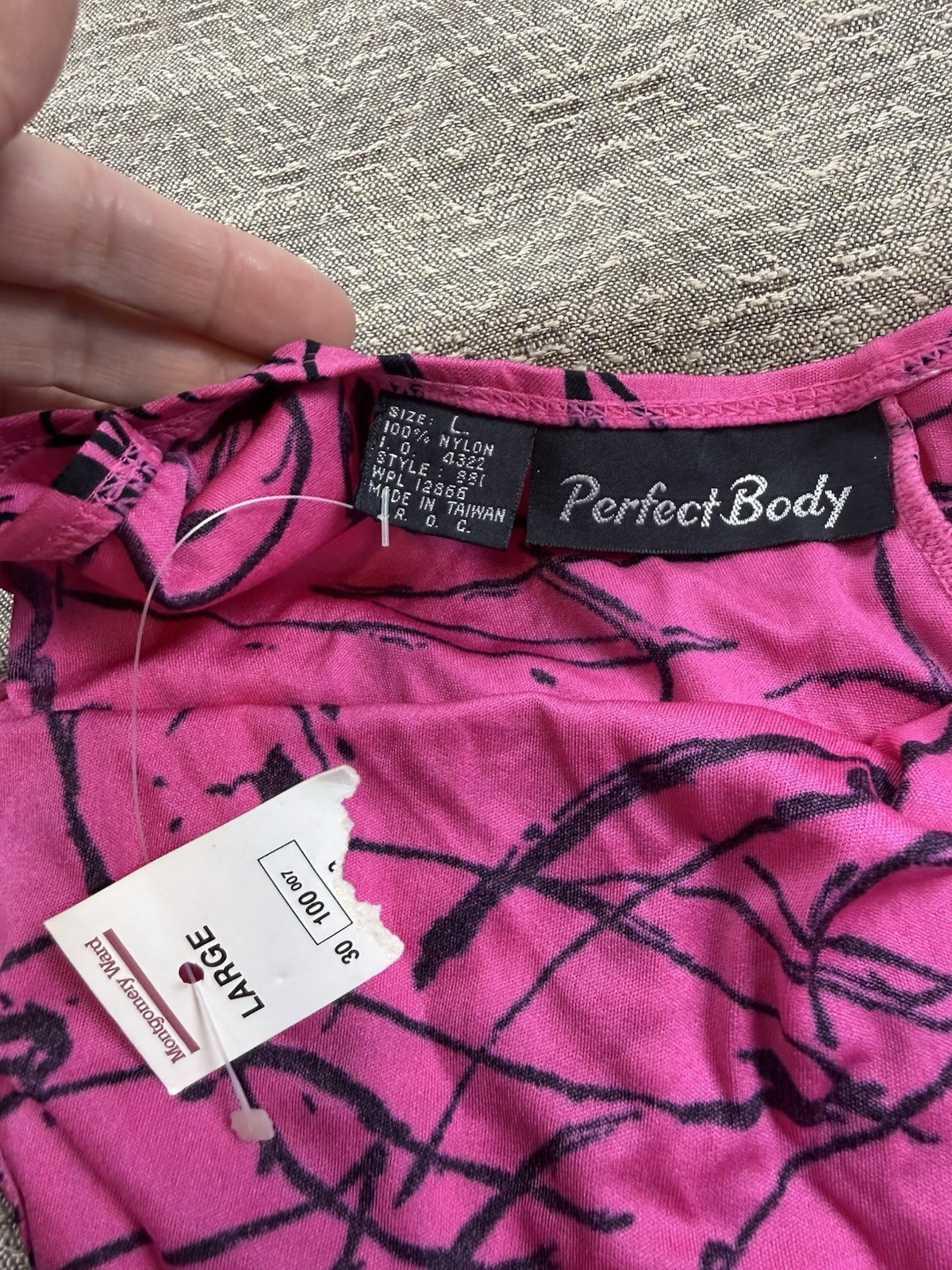 Authentic Vintage 1980s Neon Hot Pink And Black Belted Graffiti Leotard Swimsuit