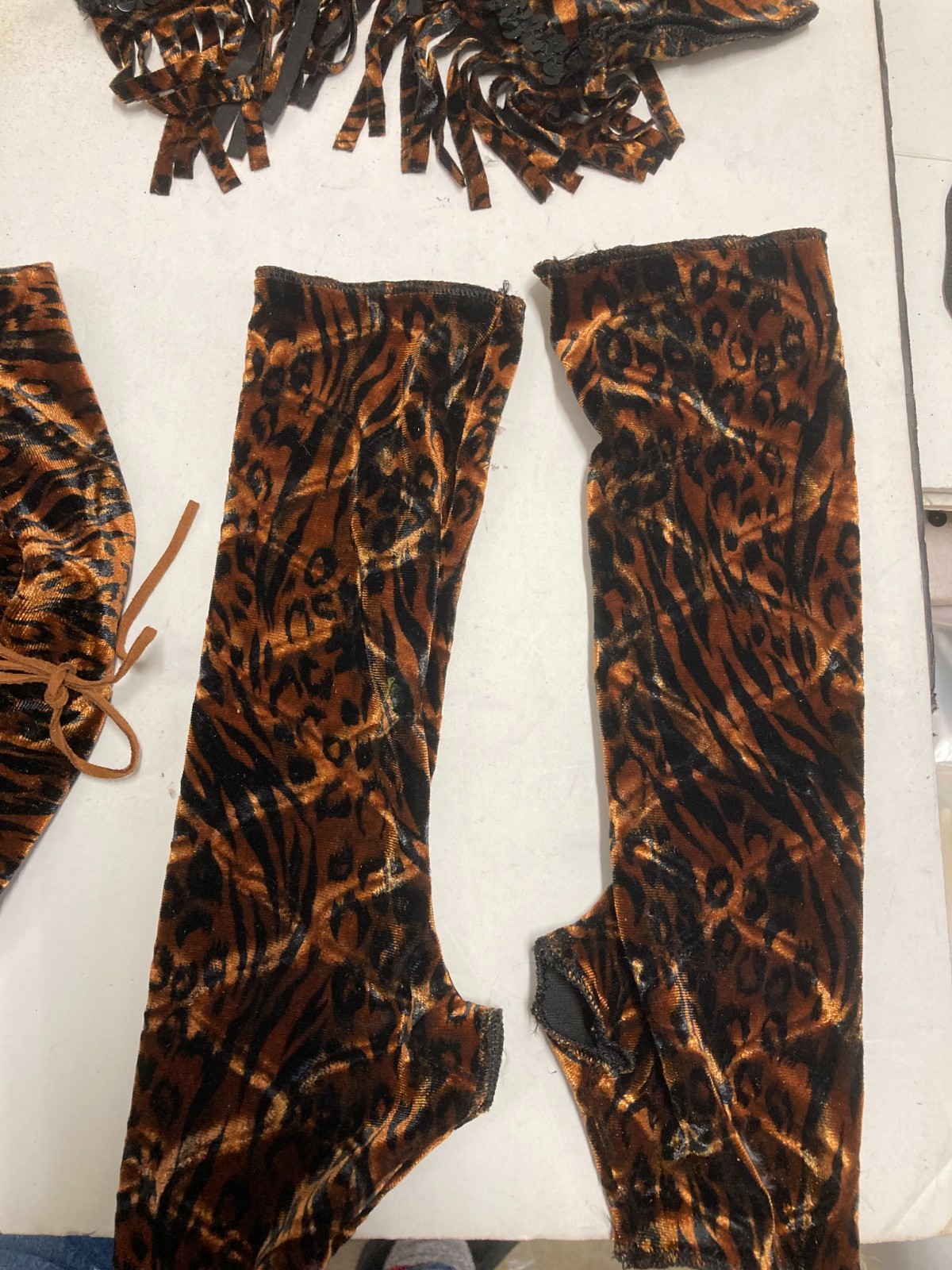 Velvet fringed mitts, Gauntlets belt set of 3 pair child adult feline print