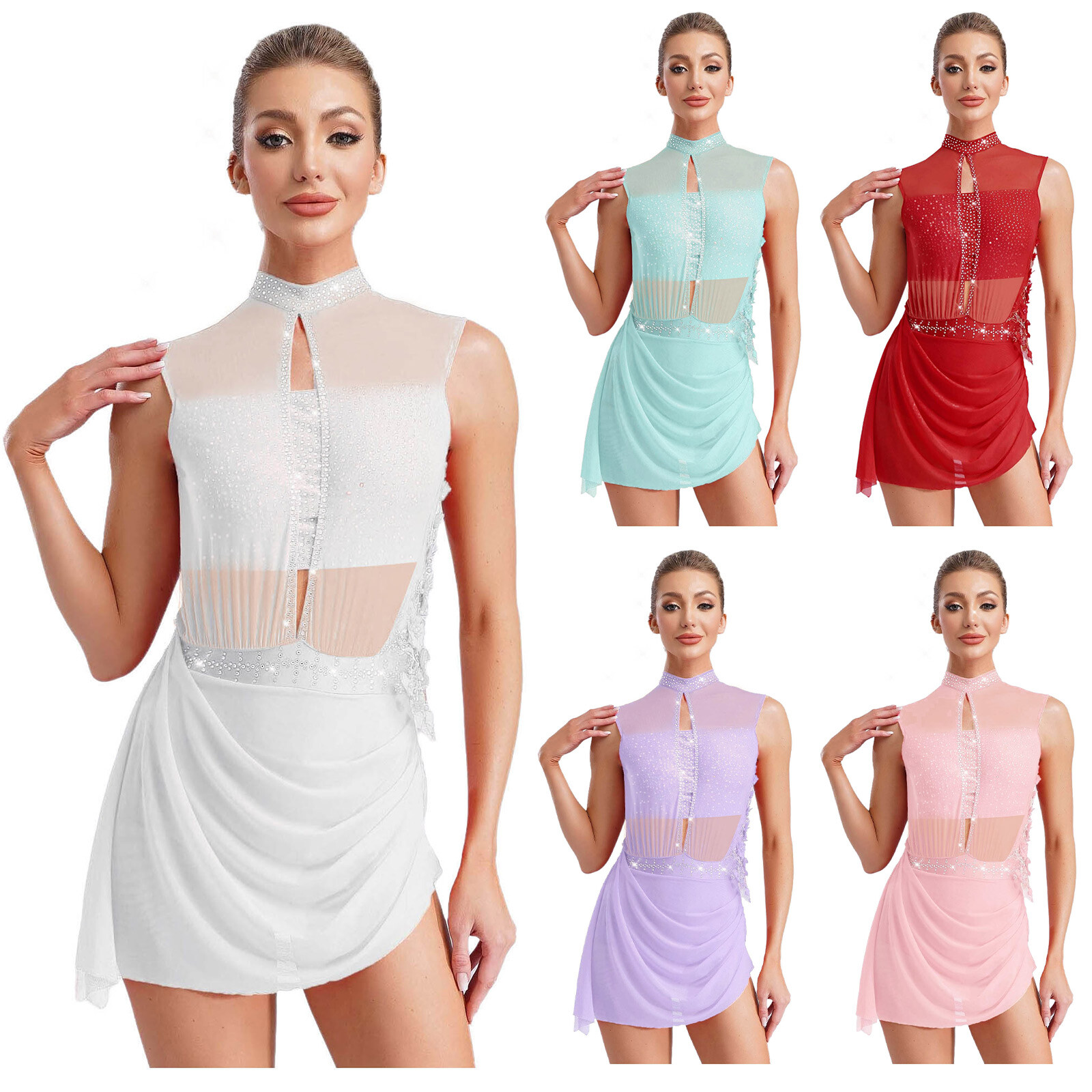 Women Rhinestones Figure Skating Dress Backless Sheer Mesh Lyrical Dance Costume