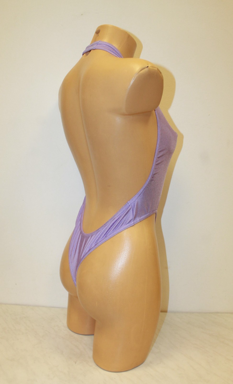 Women Thong Leotard 203-07 Deep Neckline Open Back Light Purple Spandex Size M