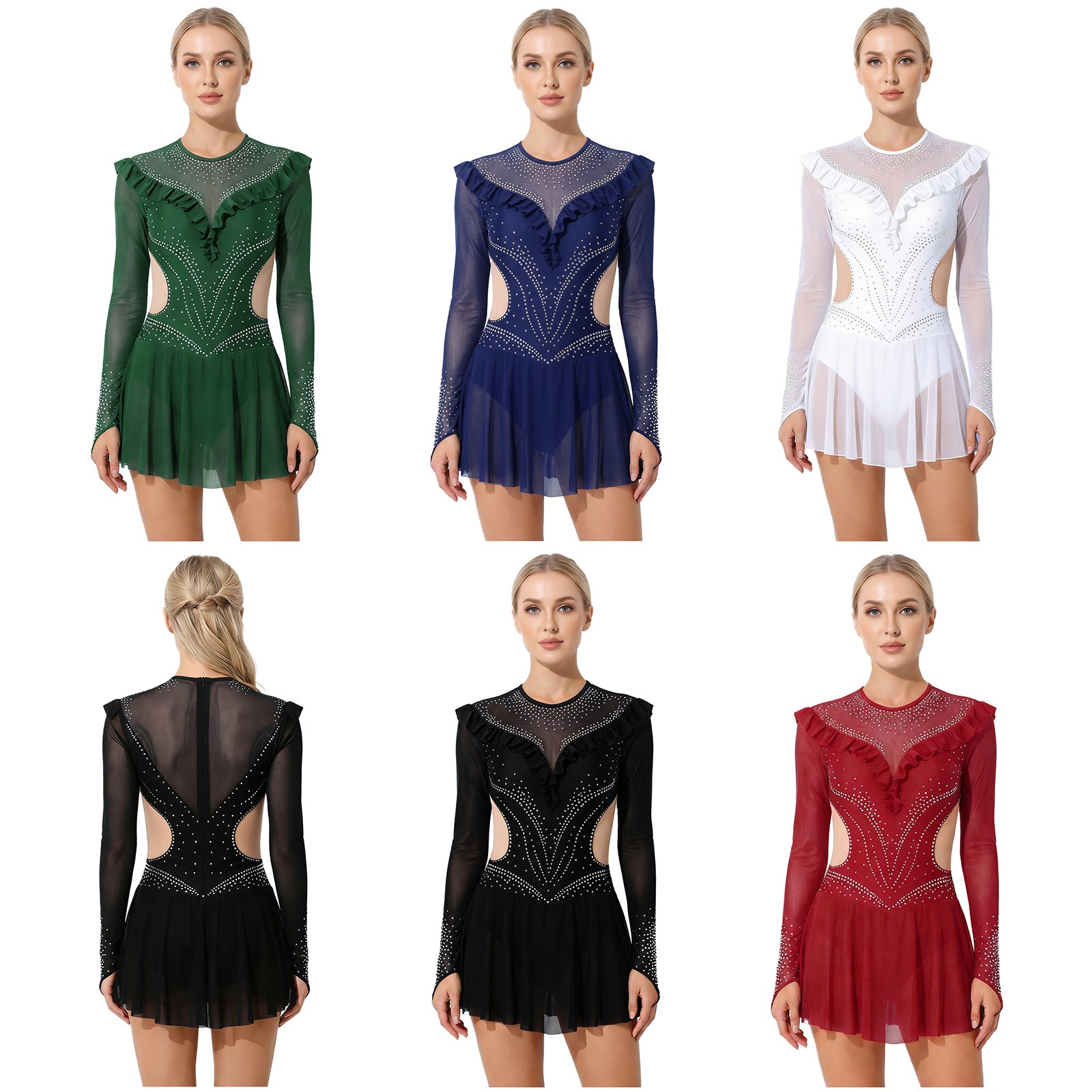 Women Figure Ice Skating Dress Mesh Ballet Dance Leotard Contemporary Dancewear