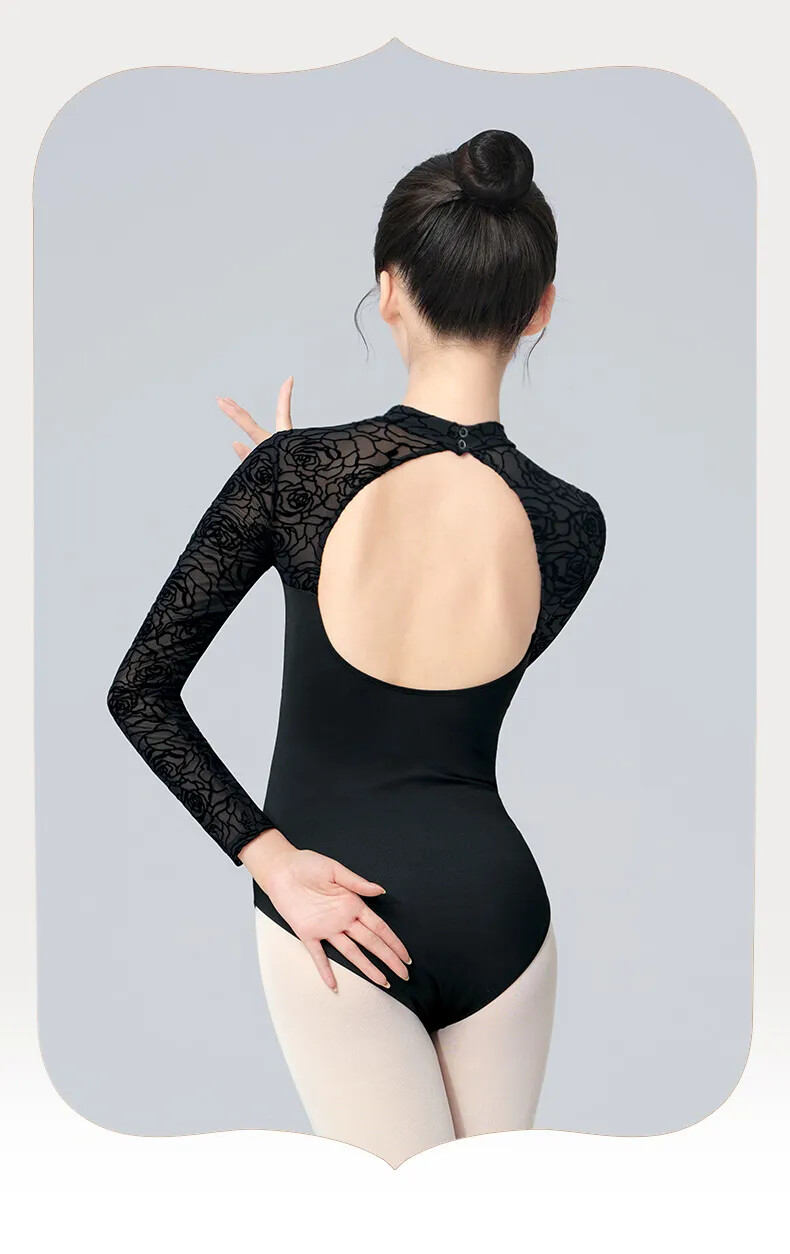 Ballet for Women Adult Black Lace Gymnastics Aerialist Long Sleeve Dance