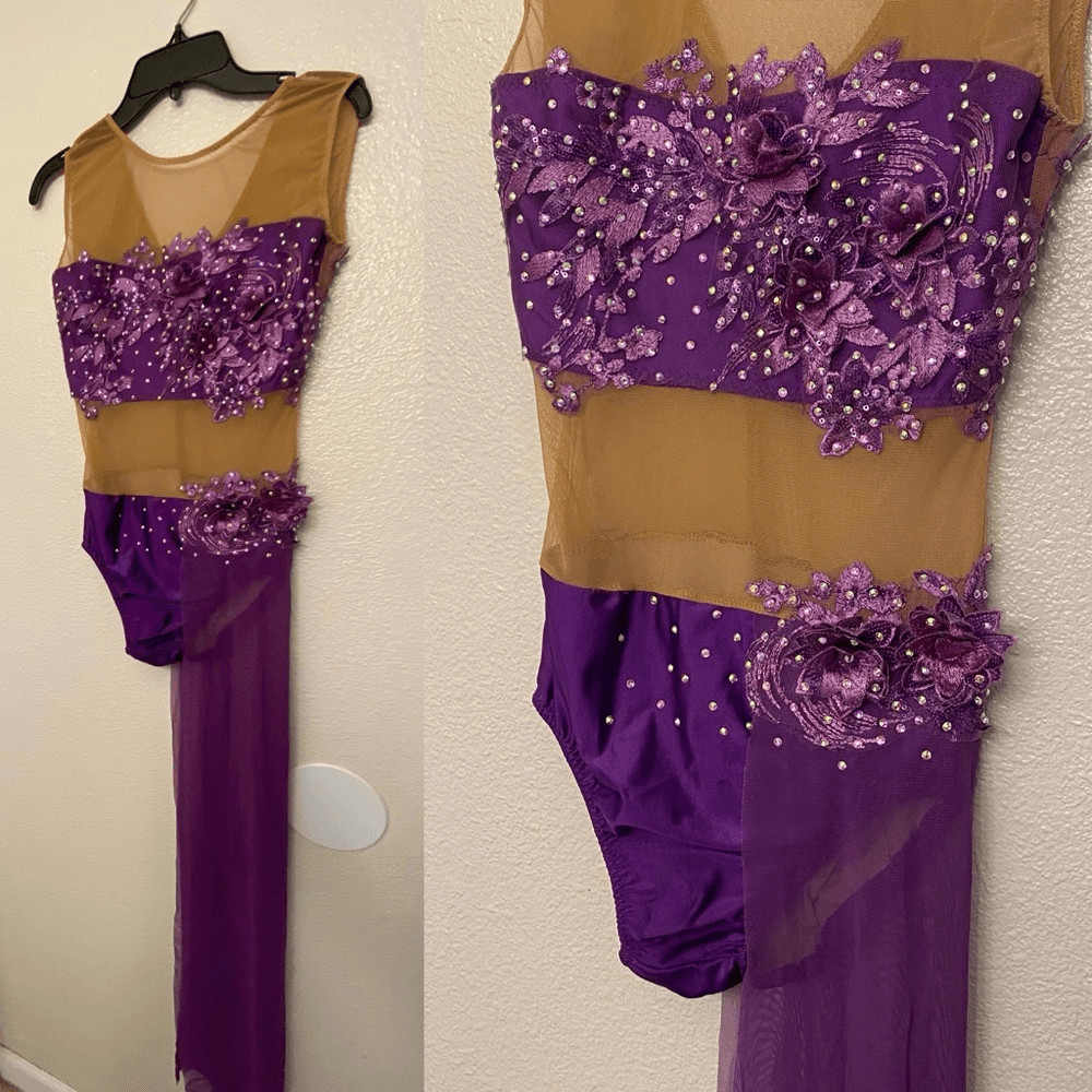 Custom Solo lyrical embellished rhinestone Dance Costume purple leotard dress MA