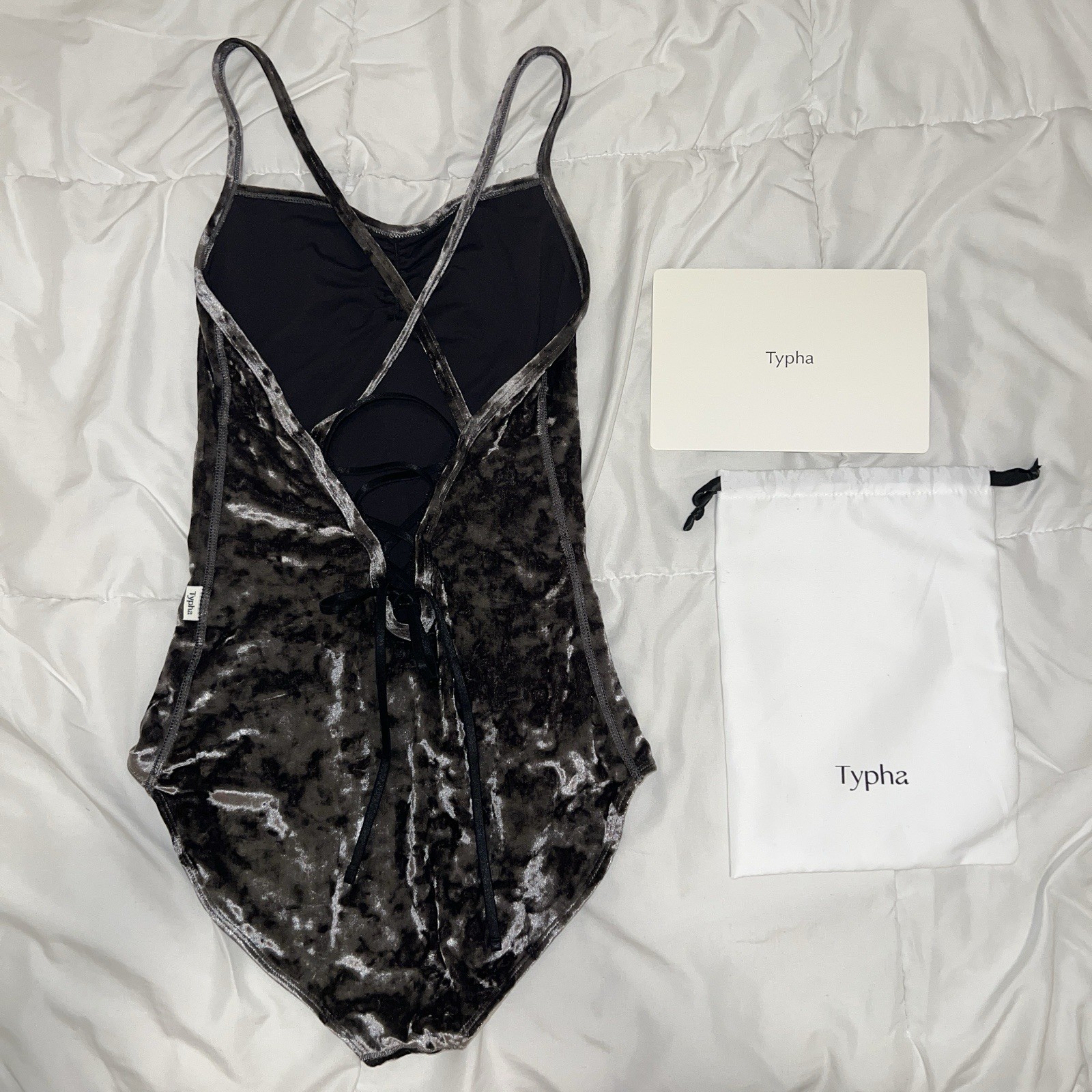 Typha Women’s Charcoal Gray Strappy Velvet Ballet Leotard Size S