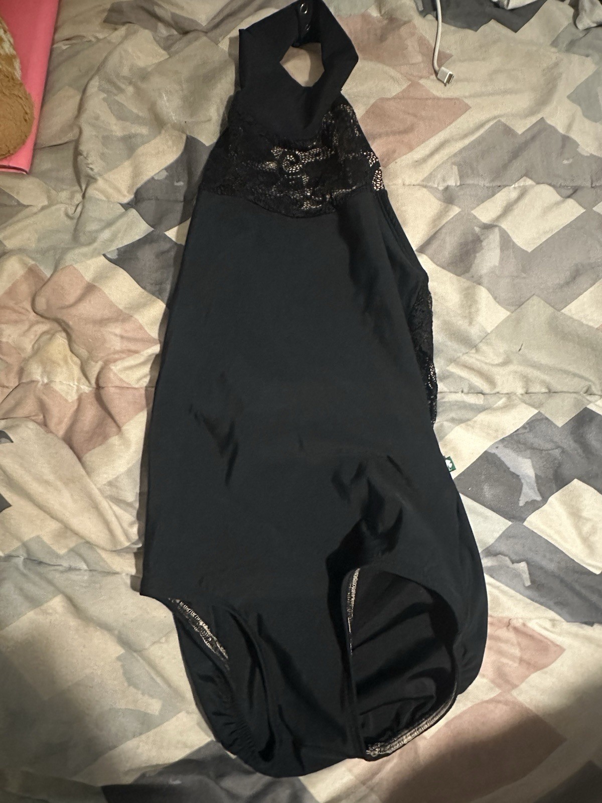 Lucky Leo Black dance leotard, halter top with open back, lace mesh. size M-L