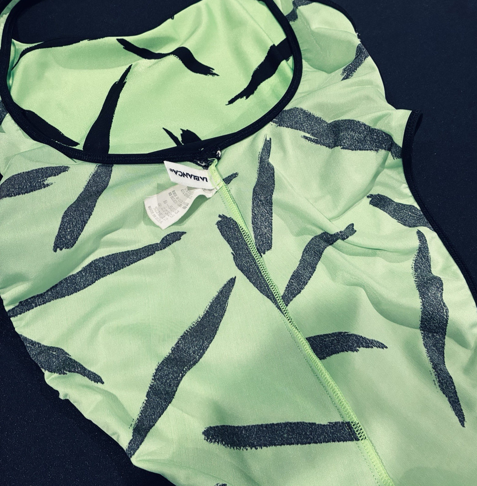 Vtg Green Black Shiny Nylon Spandex Swimsuit Leotard S