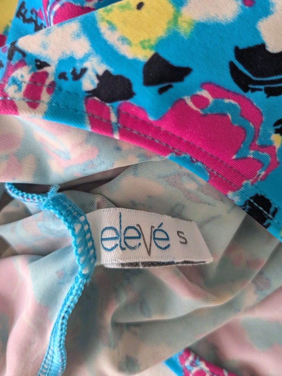 Elevé Women’s Leotard With Mesh Sleeves, Blue & Pink Floral Pattern, Size Small