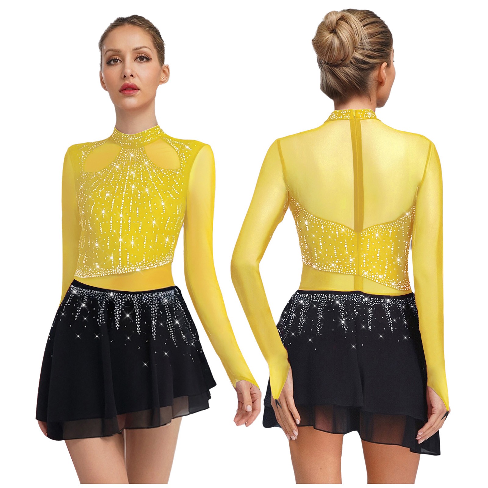 Women’s Rhinestone Mesh Splice Ice Skating Dress Lyrical Contemporary Dancewear
