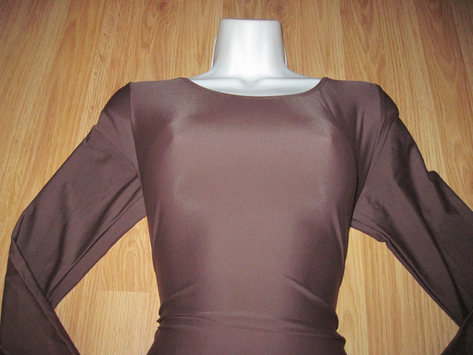Plus Size Shiny Coffee Brown Spandex Long Sleeve Scoop Neck Leotard Size XXL New