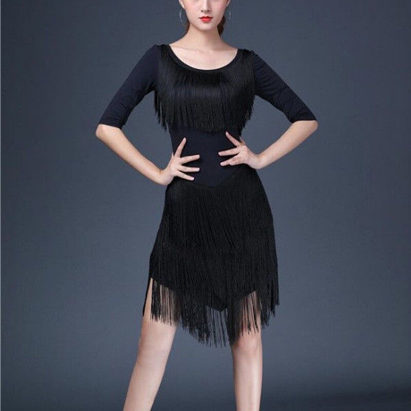 Women Latin Dance Dress Salsa Dancewear Tassel Ballroom Tango Black Red