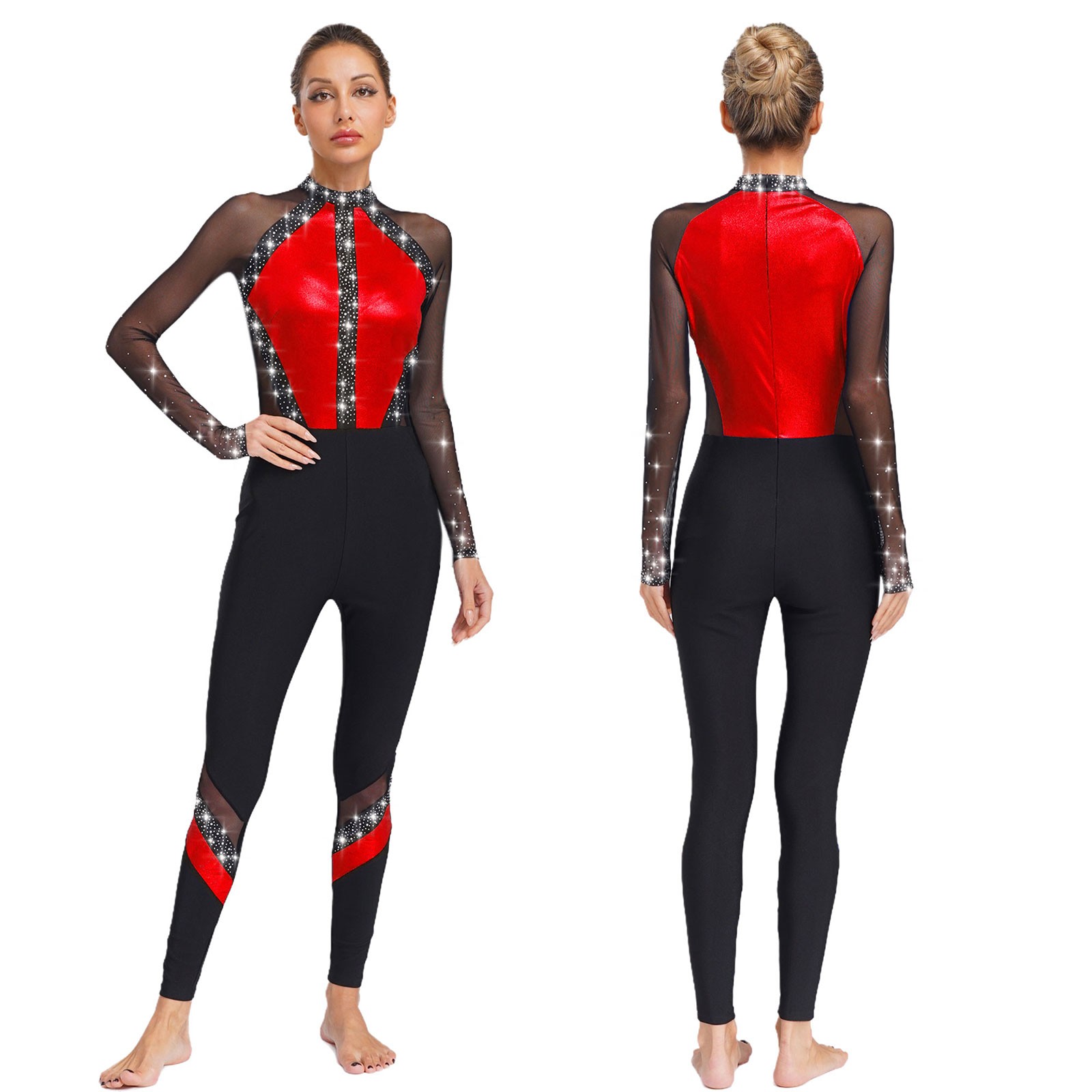 Women’s Shiny Rhinestone Gymnastics Unitard One Piece Bodysuits Ballet Leotards